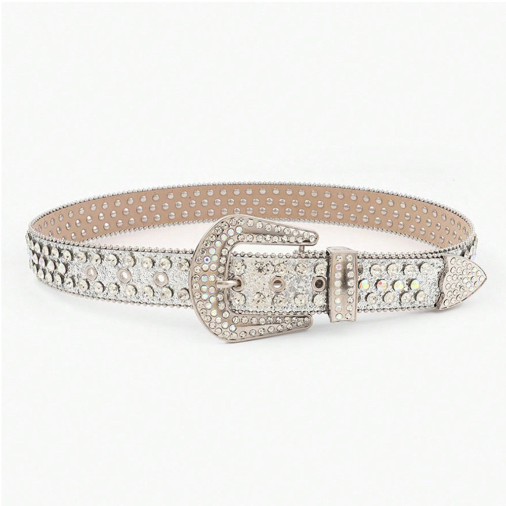 Rhinestone-Embellished PU Leather Belt