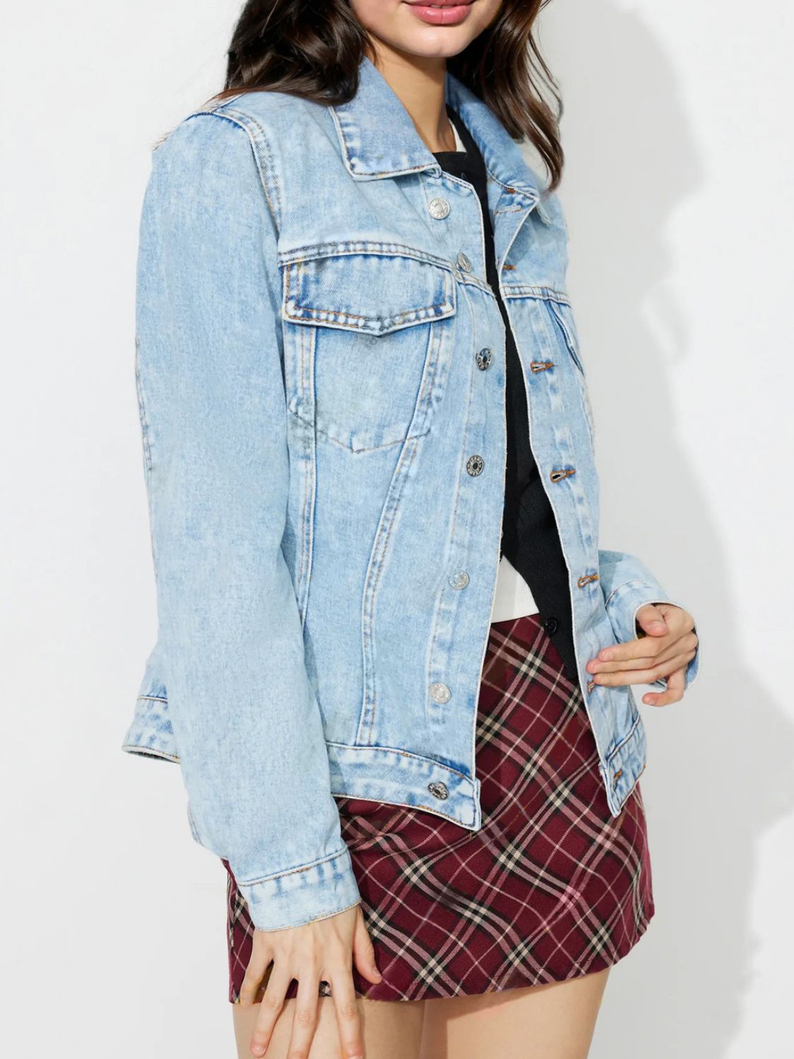 Button Up Long Sleeve Denim Shacket - ShopEasier