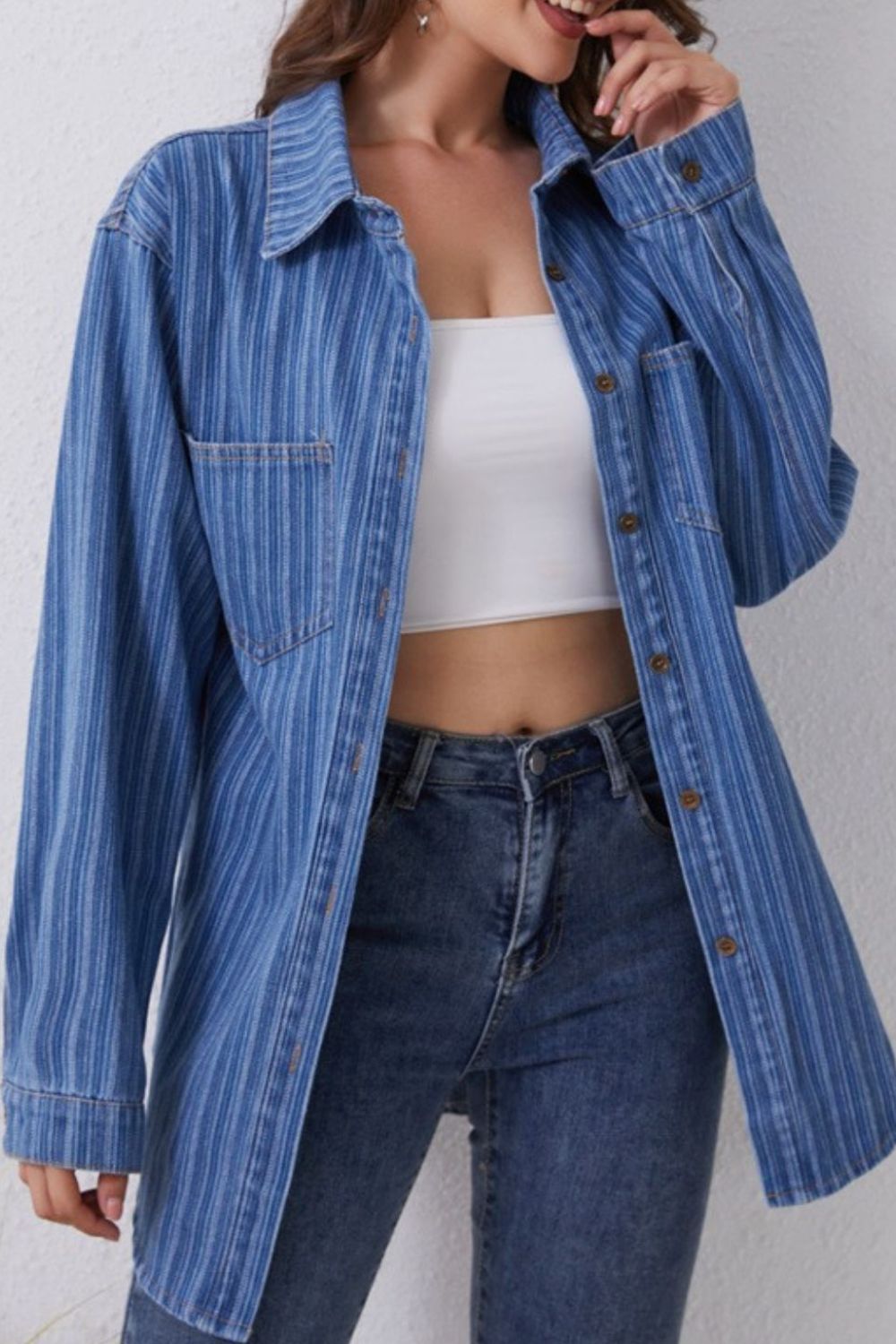 Striped Texture Collared Neck Denim Top - ShopEasier