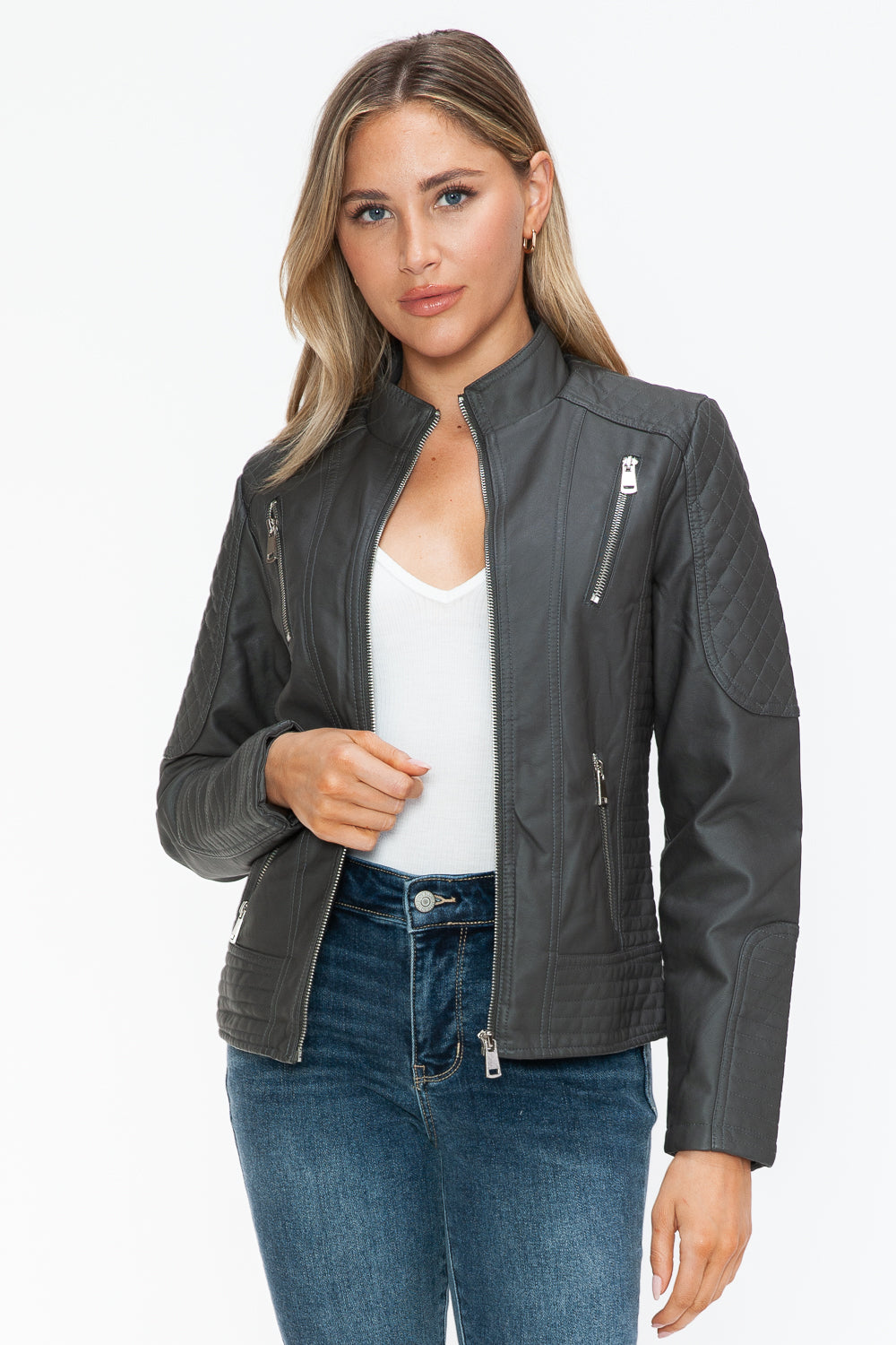 Snobbish Faux Leather Zip Up Mock Neck Jacket - ShopEasier