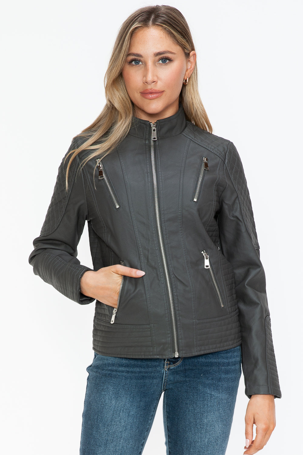 Snobbish Faux Leather Zip Up Mock Neck Jacket - ShopEasier