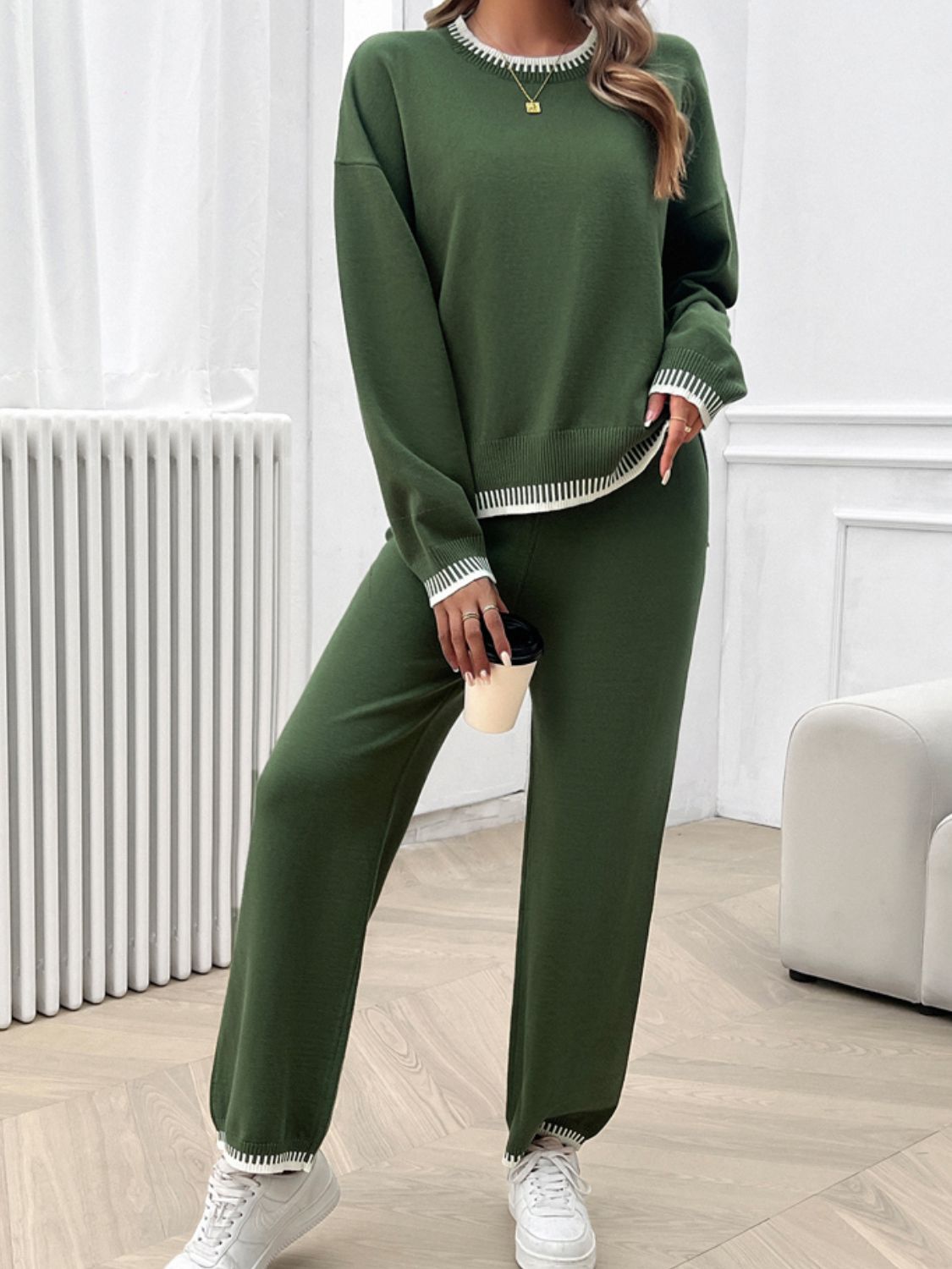 Chic Dropped Shoulder Sweater Set with Round Neck Top and Pants