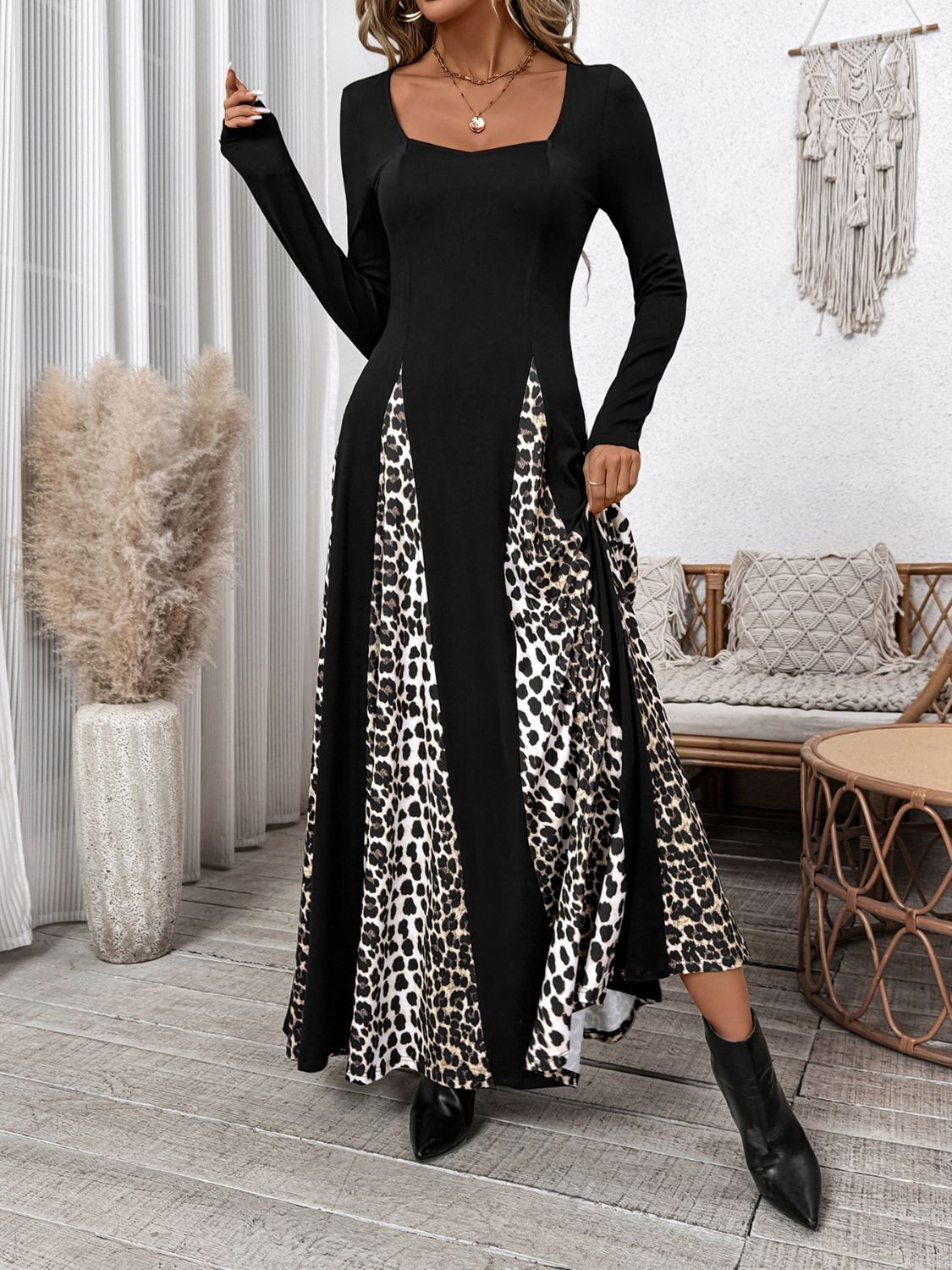 Perfee Leopard Square Neck Long Sleeve Maxi Dress - ShopEasier