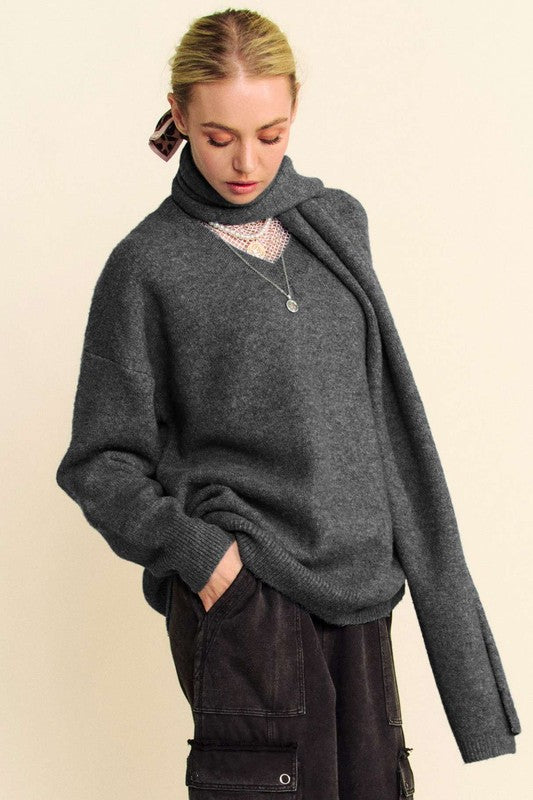 Cozy V-Neck Sweater and Scarf Set with Dropped Shoulders