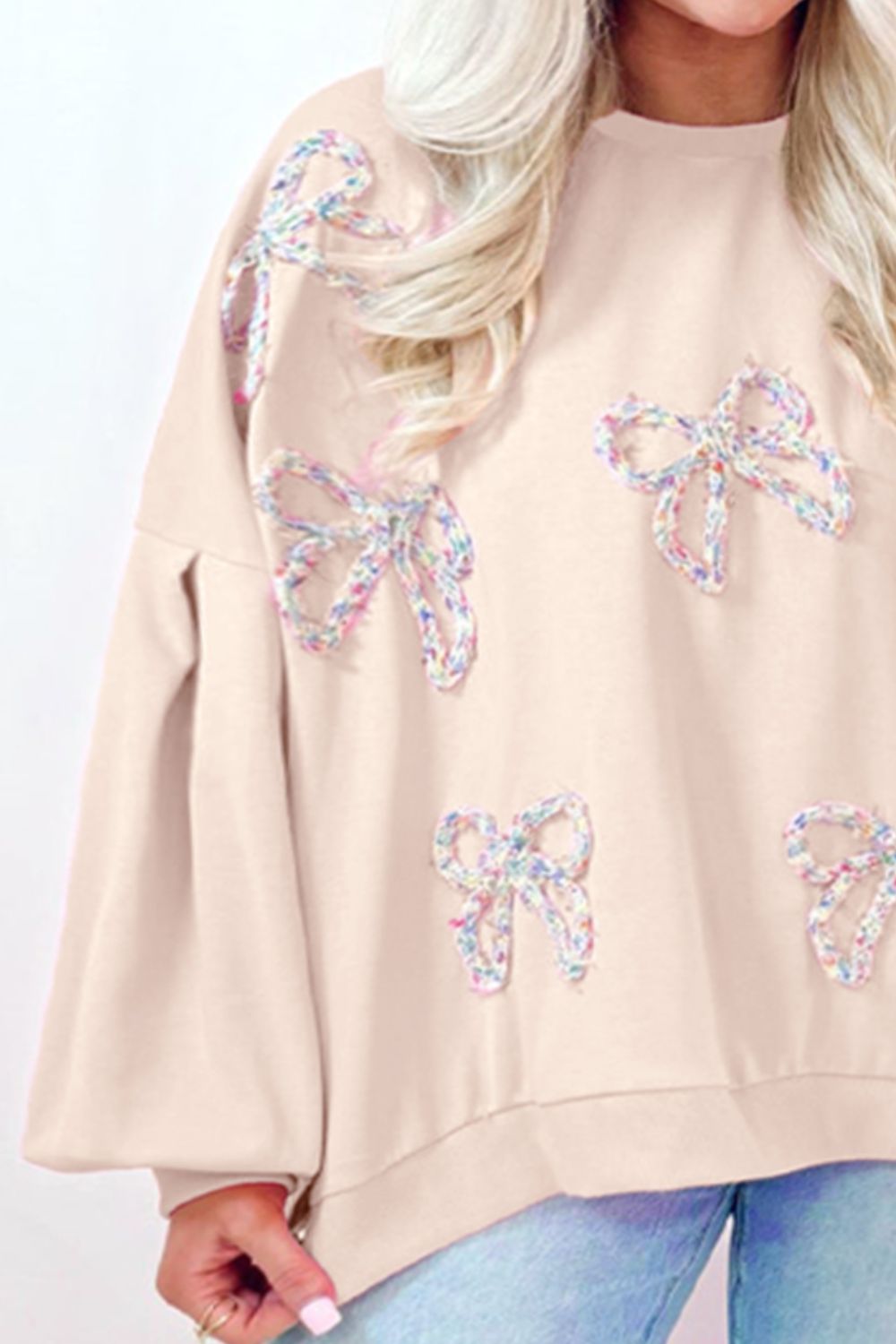 Bow Detail Opaque Long Sleeve Pullover Sweatshirt