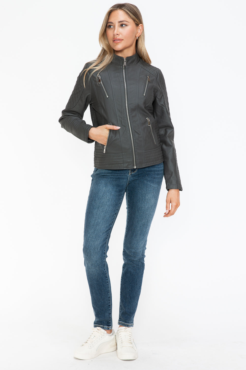 Snobbish Faux Leather Zip Up Mock Neck Jacket - ShopEasier