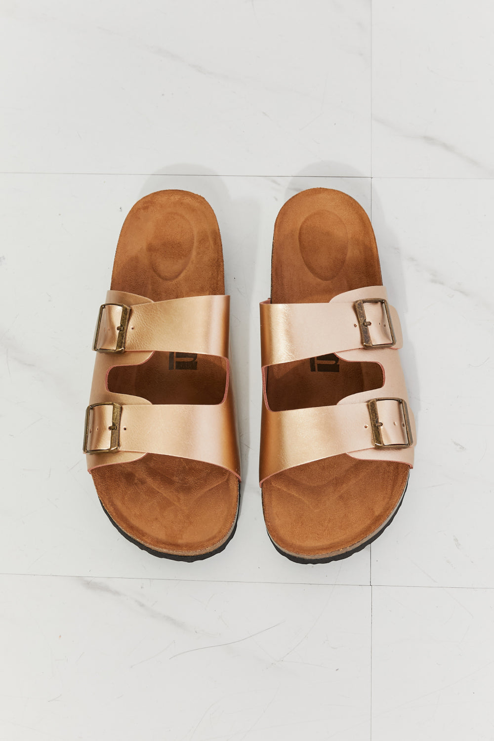 Luxury Double-Banded Cork Slide Sandals in Gold by MMShoes