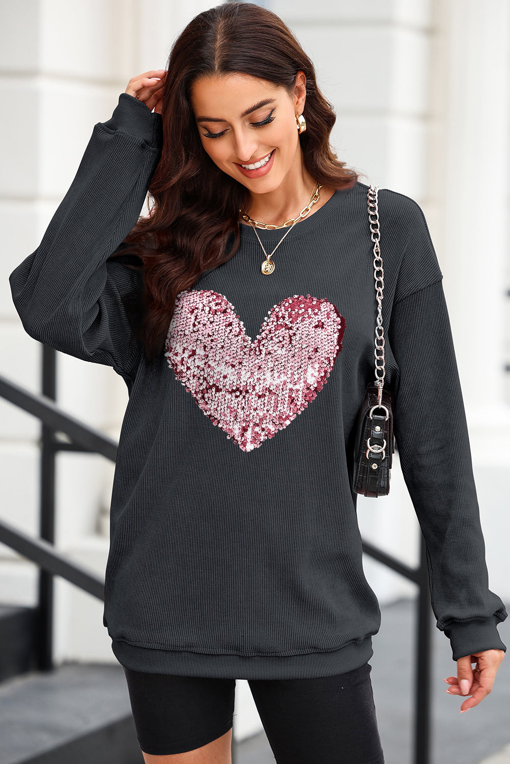 Sequin Heart Opaque Round Neck Sweatshirt