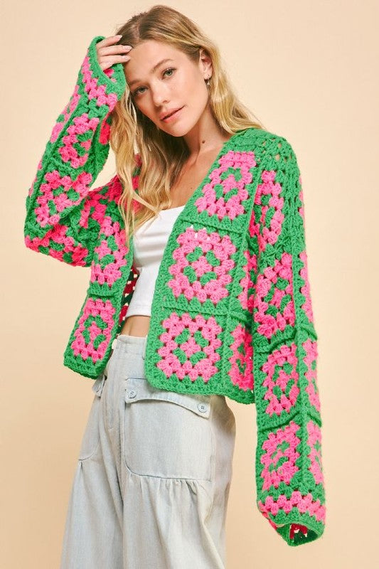 Davi & Dani Full Size Two Tone Flower Square Crochet Open Front Cardigan - ShopEasier