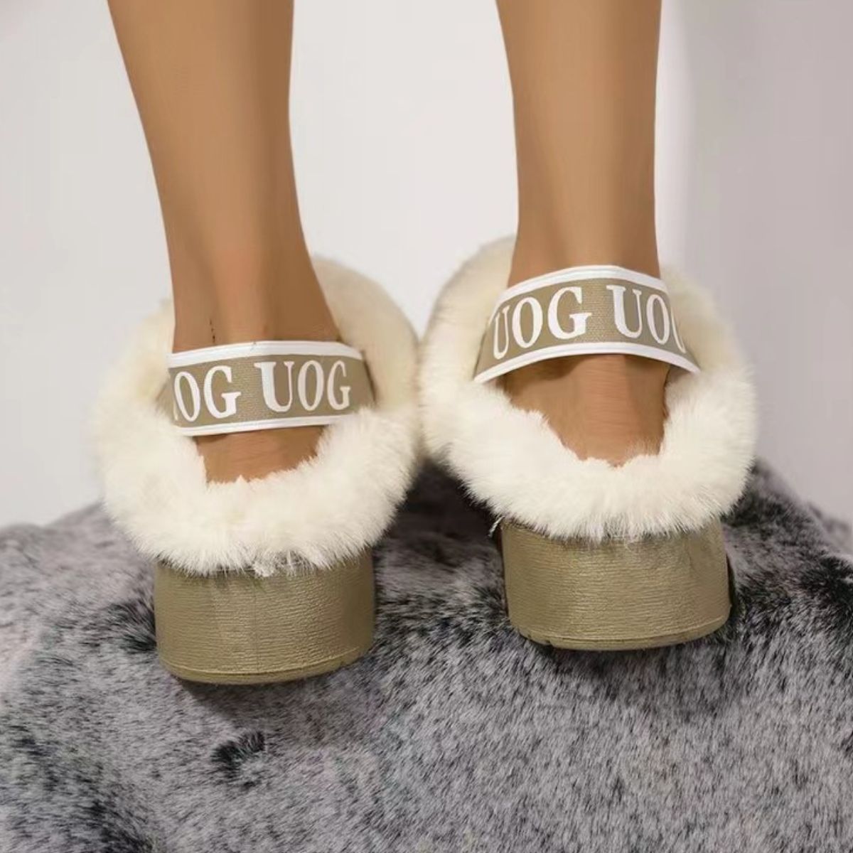 Fuzzy Lettered Slide Slippers with Plush Cushioning