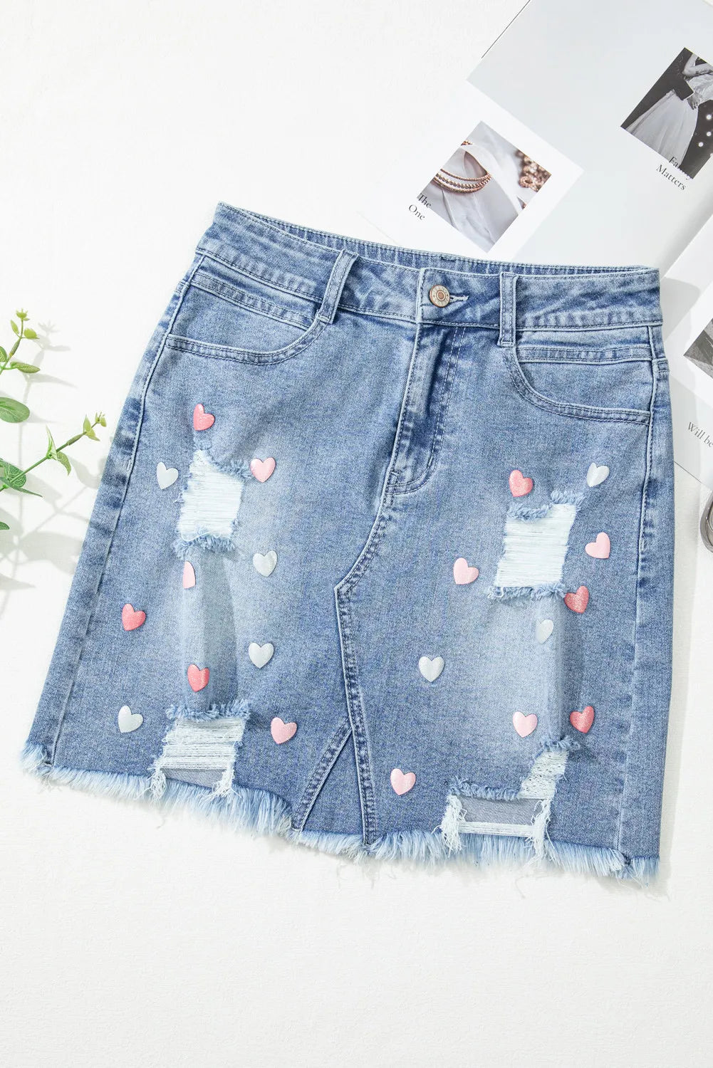 Distressed Heart-Shaped Mini Denim Skirt with Raw Hem