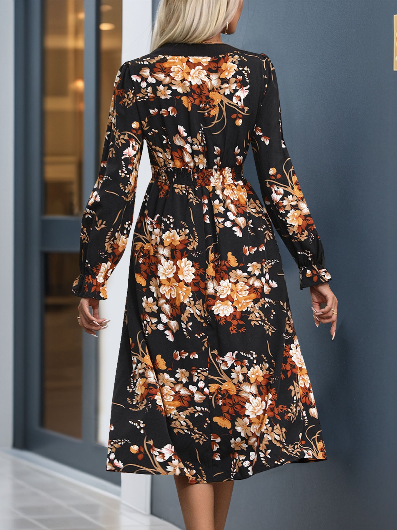 Perfee Printed Notched Long Sleeve Midi Dress - ShopEasier