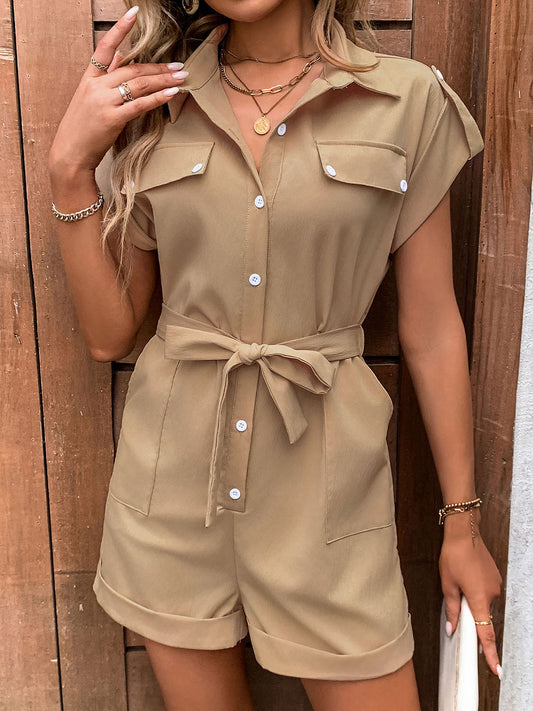 Perfee Collared Neck Tie Waist Romper with Pockets - ShopEasier