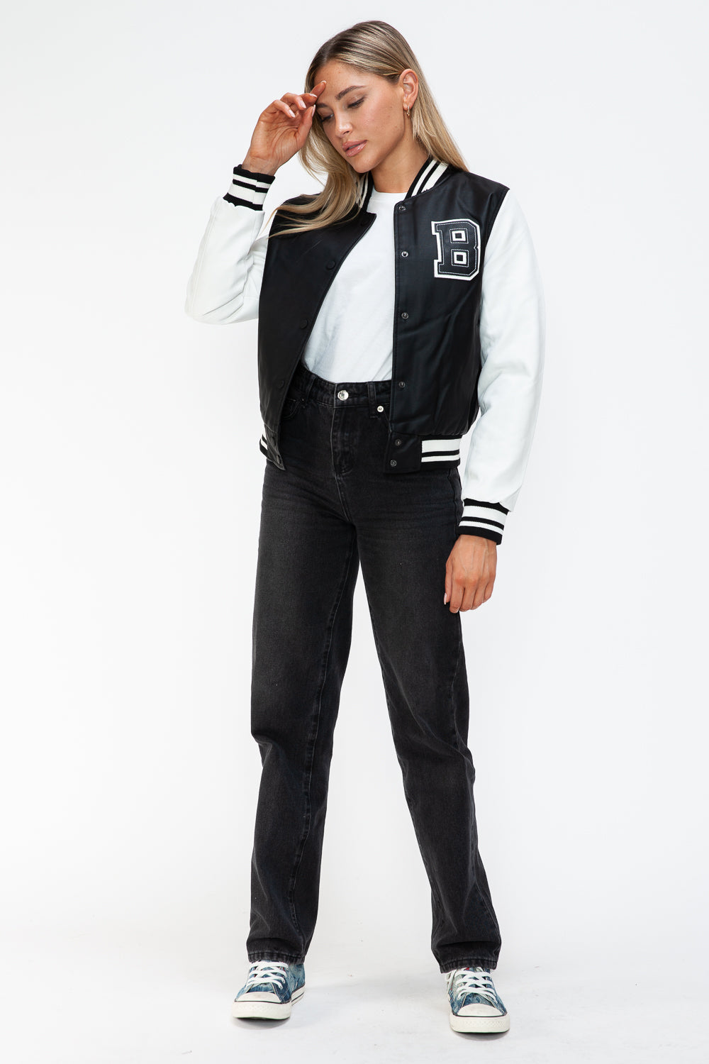 Love Me Now PU Leather Contrast Snap Down Bomber Jacket - ShopEasier