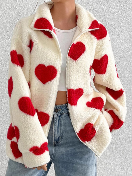 Heart Zip Up Drop Shoulder Furry Jacket - ShopEasier