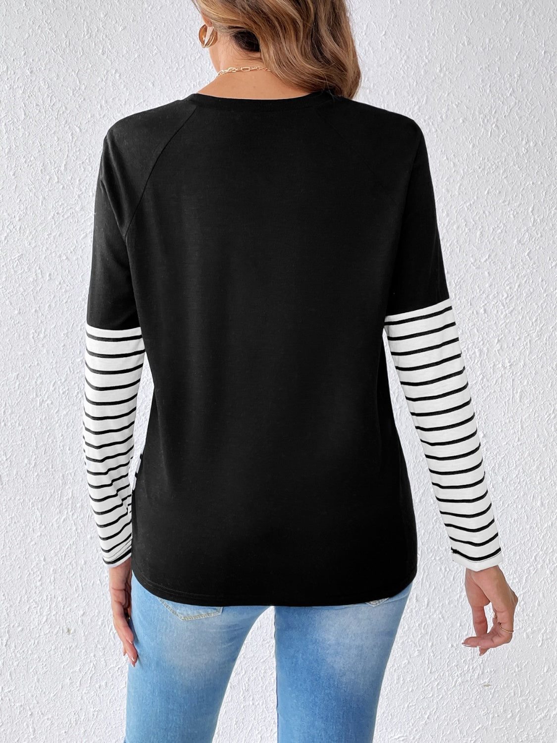 Contrast Striped Long Sleeve Round Neck Tee