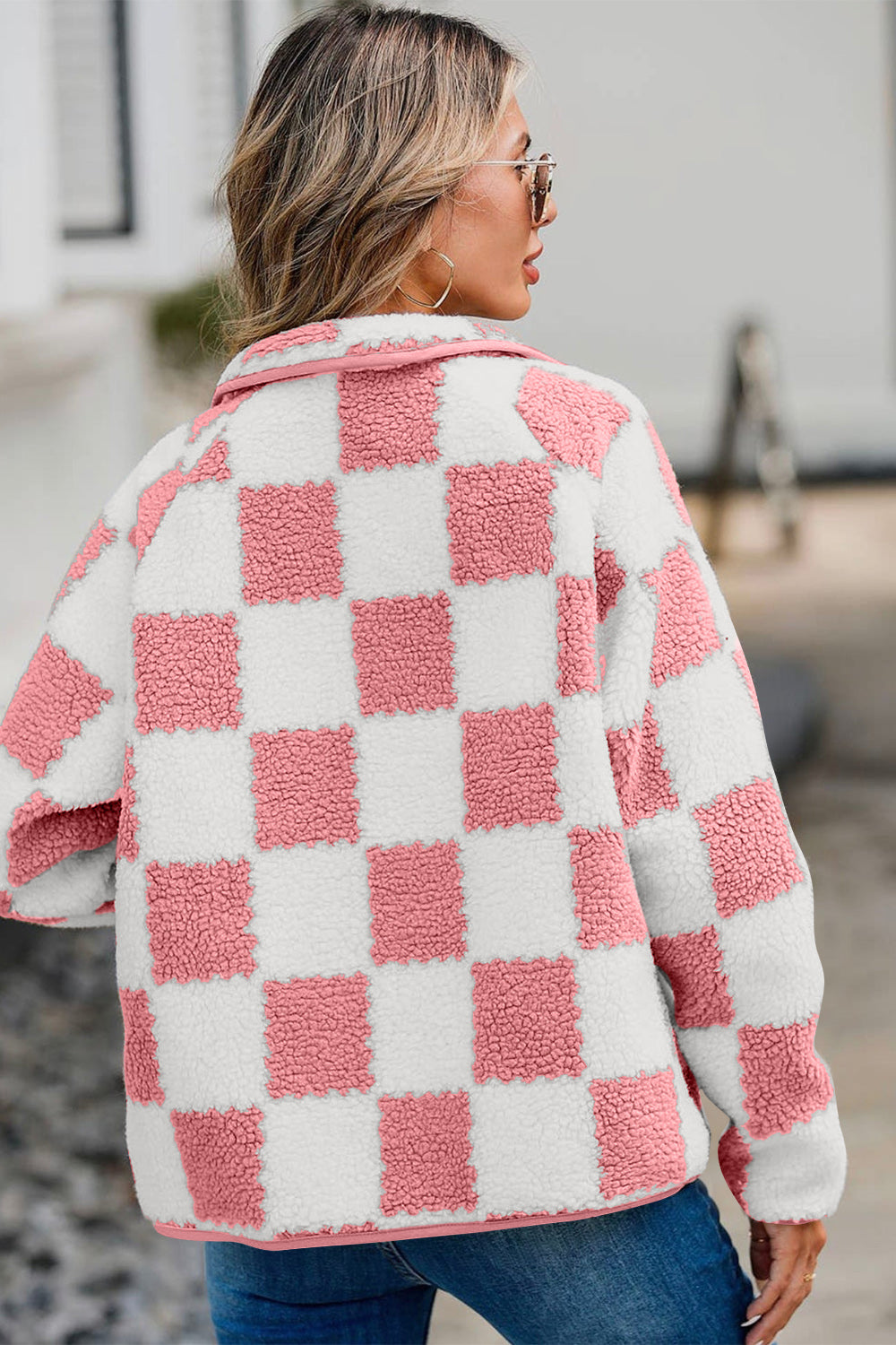 Checkered Snap Down Long Sleeve Teddy Jacket - ShopEasier