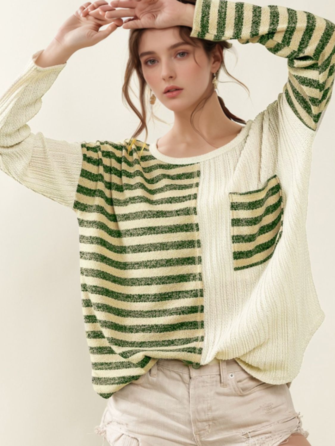 Pocketed Striped Long Sleeve Top with Round Neck