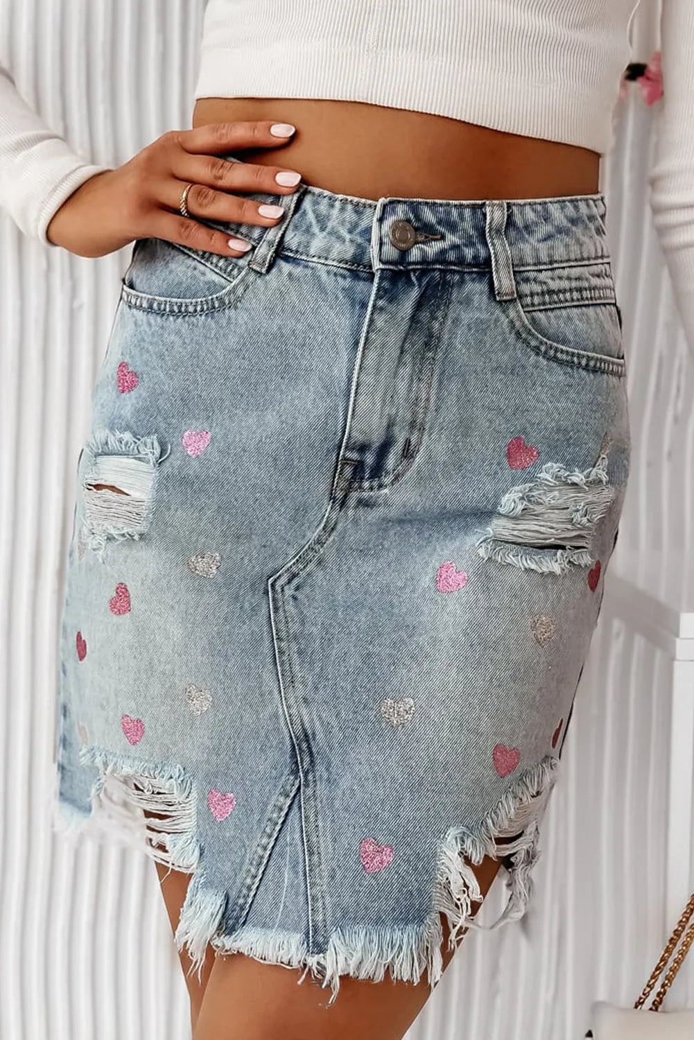 Distressed Heart-Shaped Mini Denim Skirt with Raw Hem