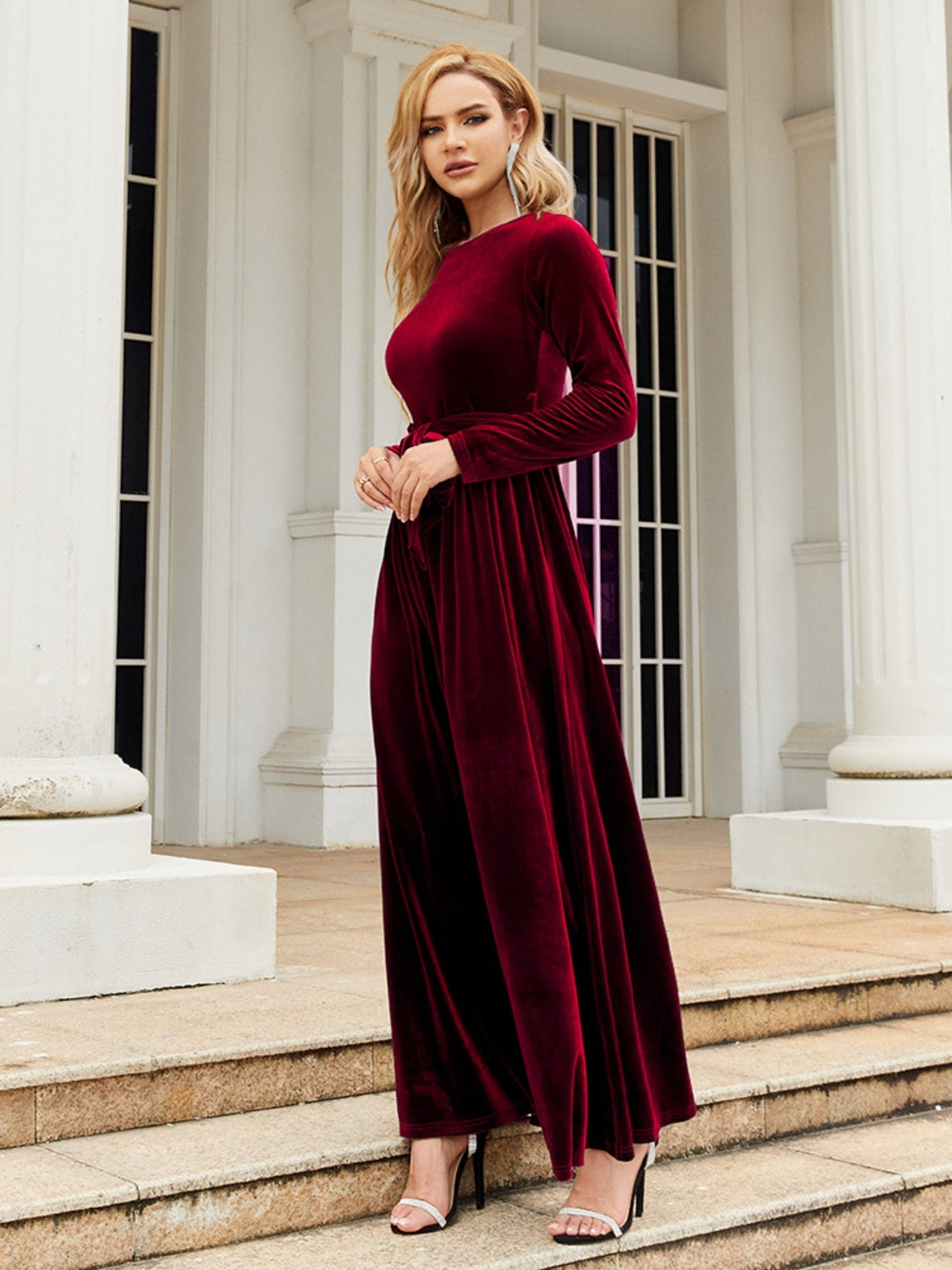 Tie Front Round Neck Long Sleeve Maxi Dress - ShopEasier