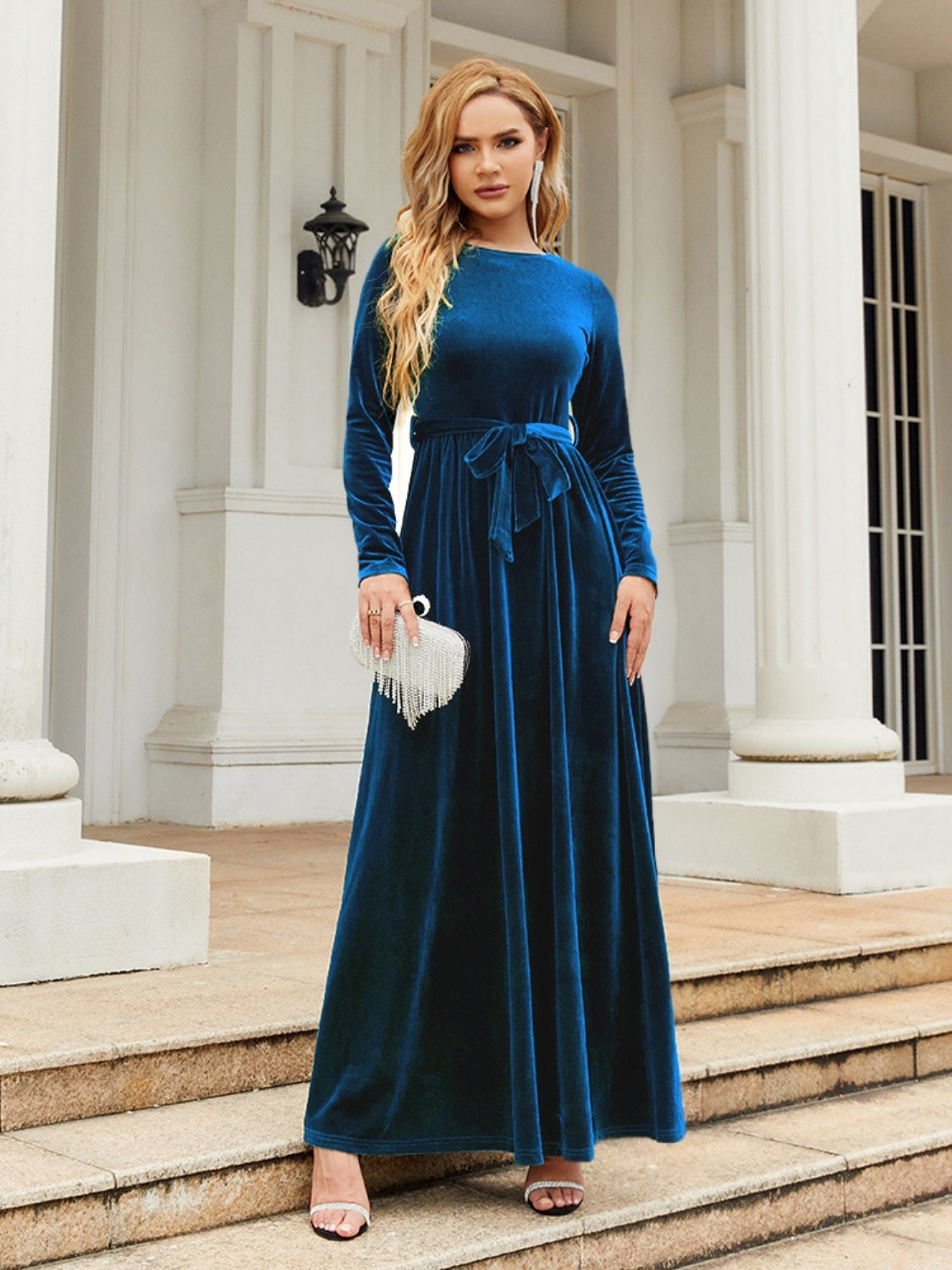 Tie Front Round Neck Long Sleeve Maxi Dress - ShopEasier