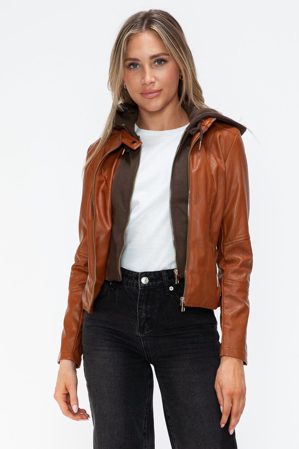 Snobbish Faux Leather Zip Up Drawstring Hooded Jacket - ShopEasier