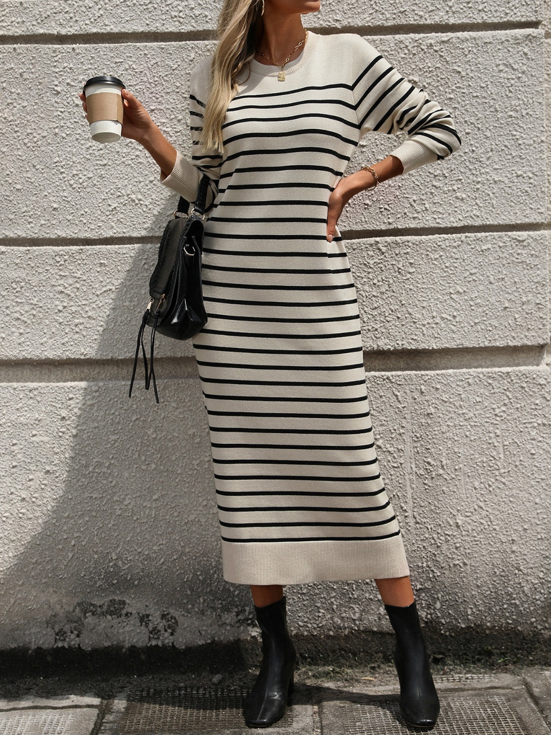 Striped Round Neck Long Sleeve Dress - ShopEasier