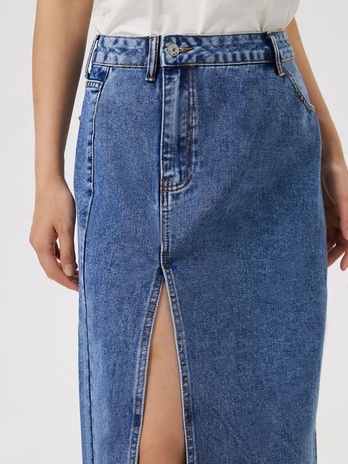 Slit Midi Denim Skirt with Pockets - ShopEasier