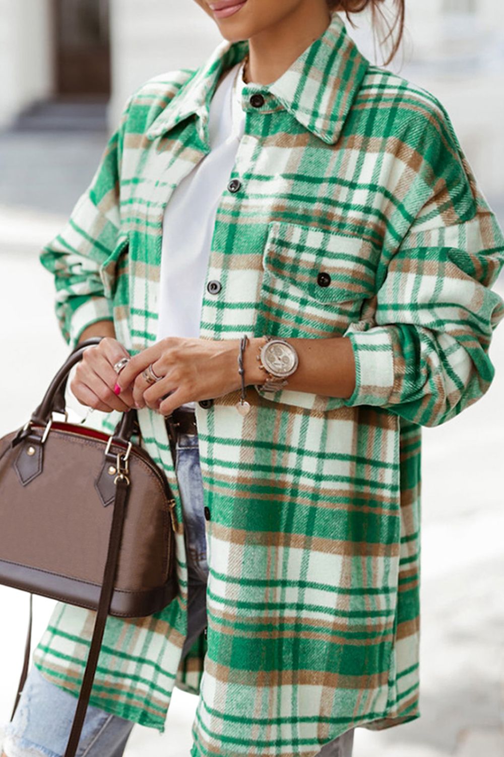 Plaid Flap Pocket Long Sleeve Shacket - ShopEasier