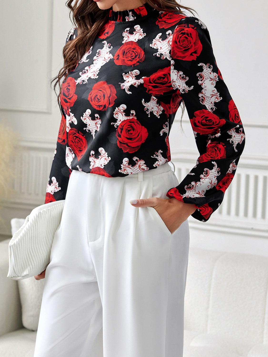 Frilled Floral High Neck Blouse with Long Sleeves