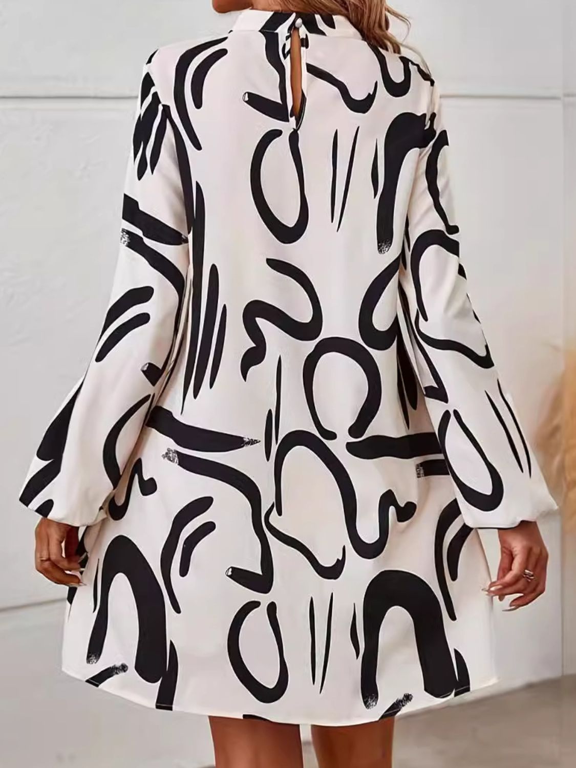 Printed Mock Neck Long Sleeve Mini Dress - ShopEasier