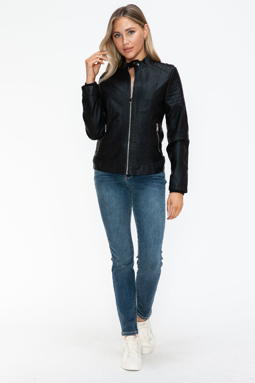 Snobbish PU Leather Biker Jacket with Side Zip Pockets - ShopEasier