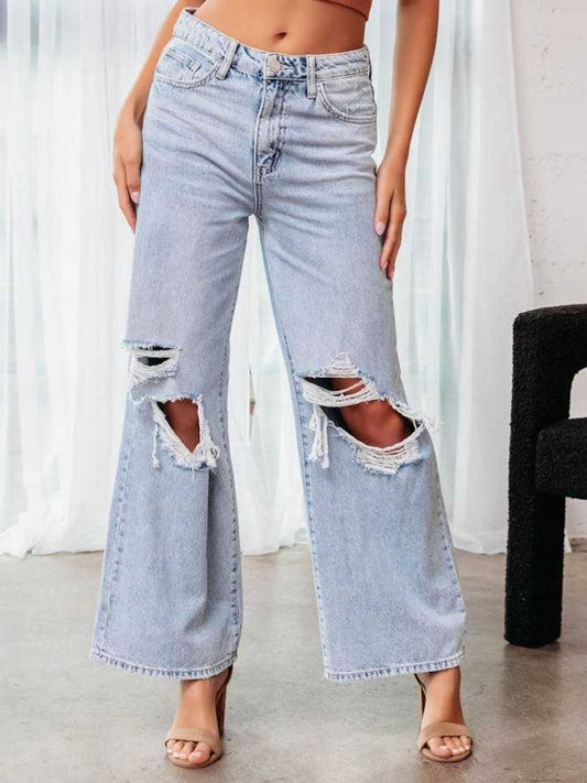 Distressed Wide Leg Jeans with Pockets - ShopEasier