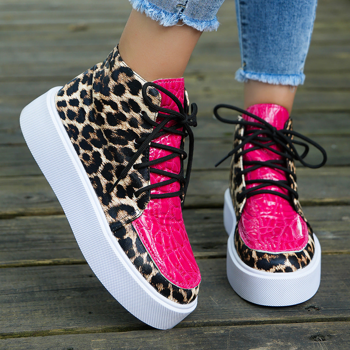 PU Leather Leopard Platform Sneakers - ShopEasier