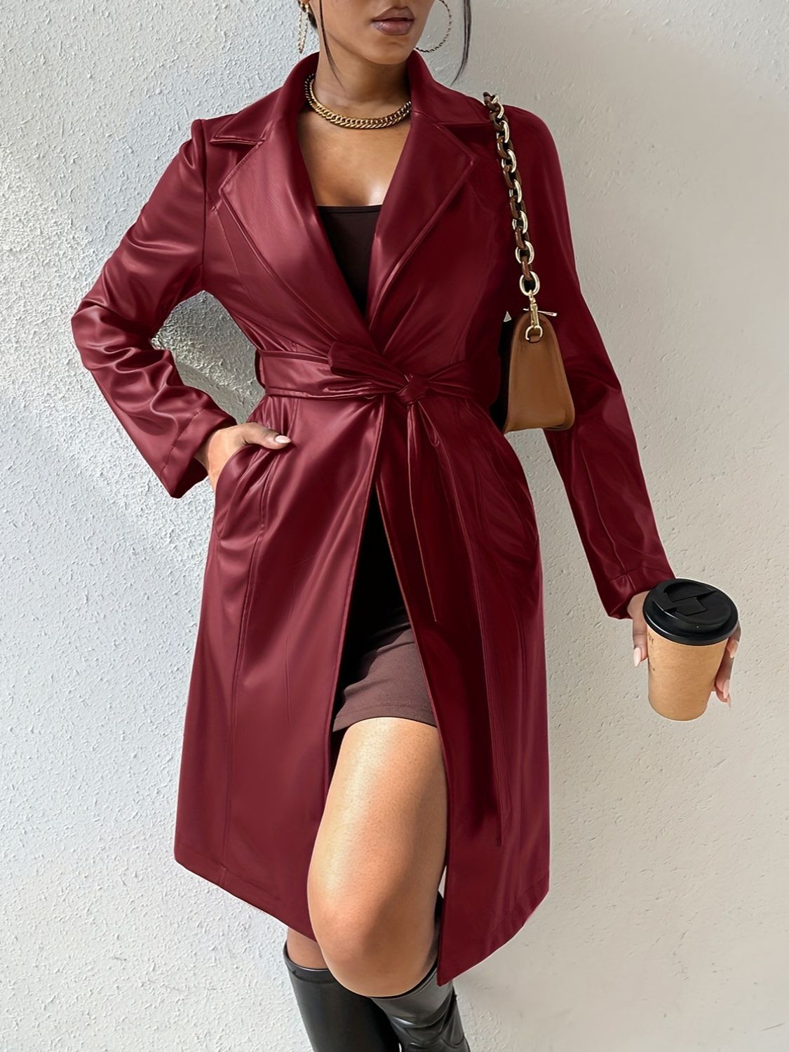 Tied PU Leather Long Sleeve Trench Coat - ShopEasier