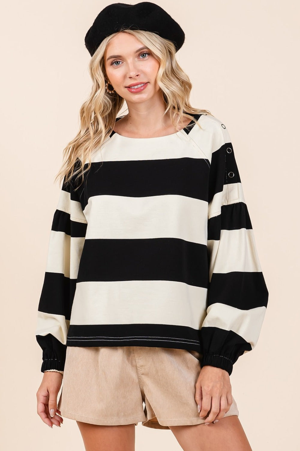 Chic Striped Long Sleeve T-Shirt with Snap Shoulder Detail