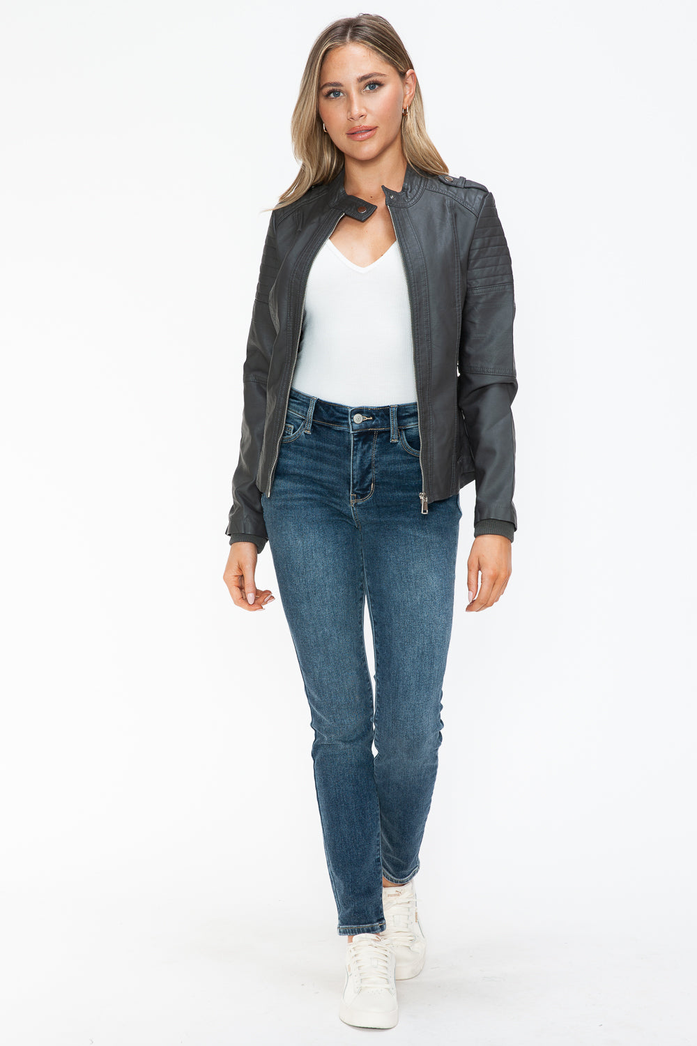 Snobbish PU Leather Biker Jacket with Side Zip Pockets - ShopEasier