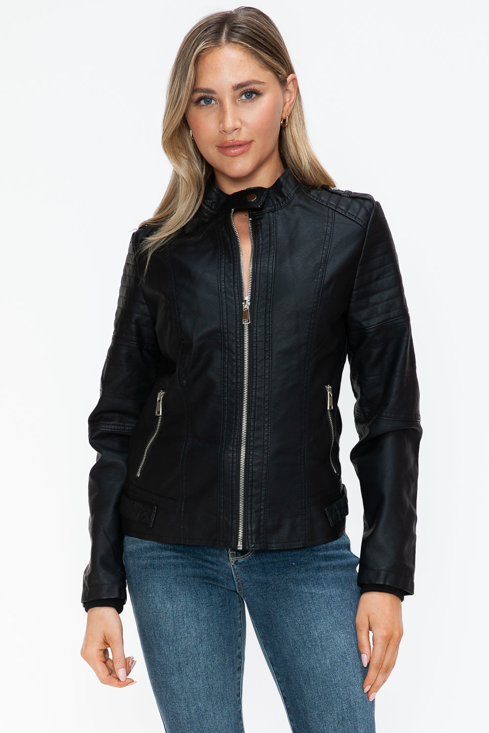 Snobbish PU Leather Biker Jacket with Side Zip Pockets - ShopEasier