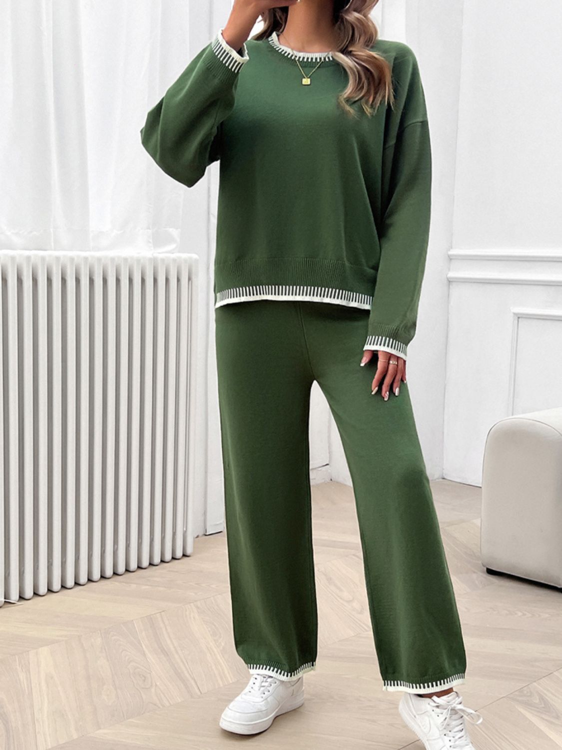 Chic Dropped Shoulder Sweater Set with Round Neck Top and Pants